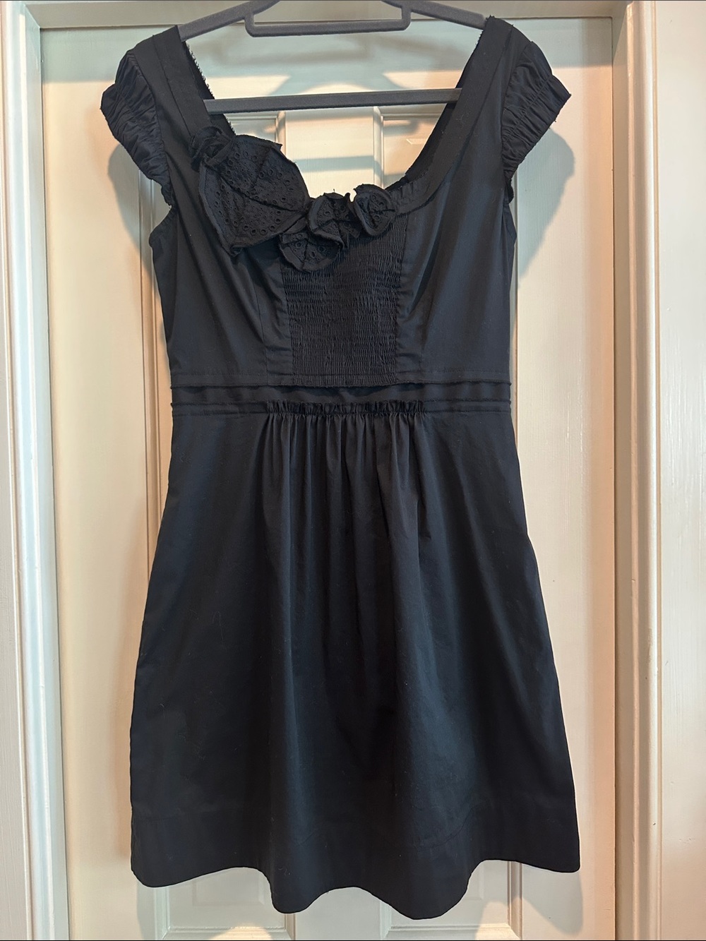 BCBGMaxAzria Black Cap-Sleeve Fit & Flare Dress with Rosette Detail